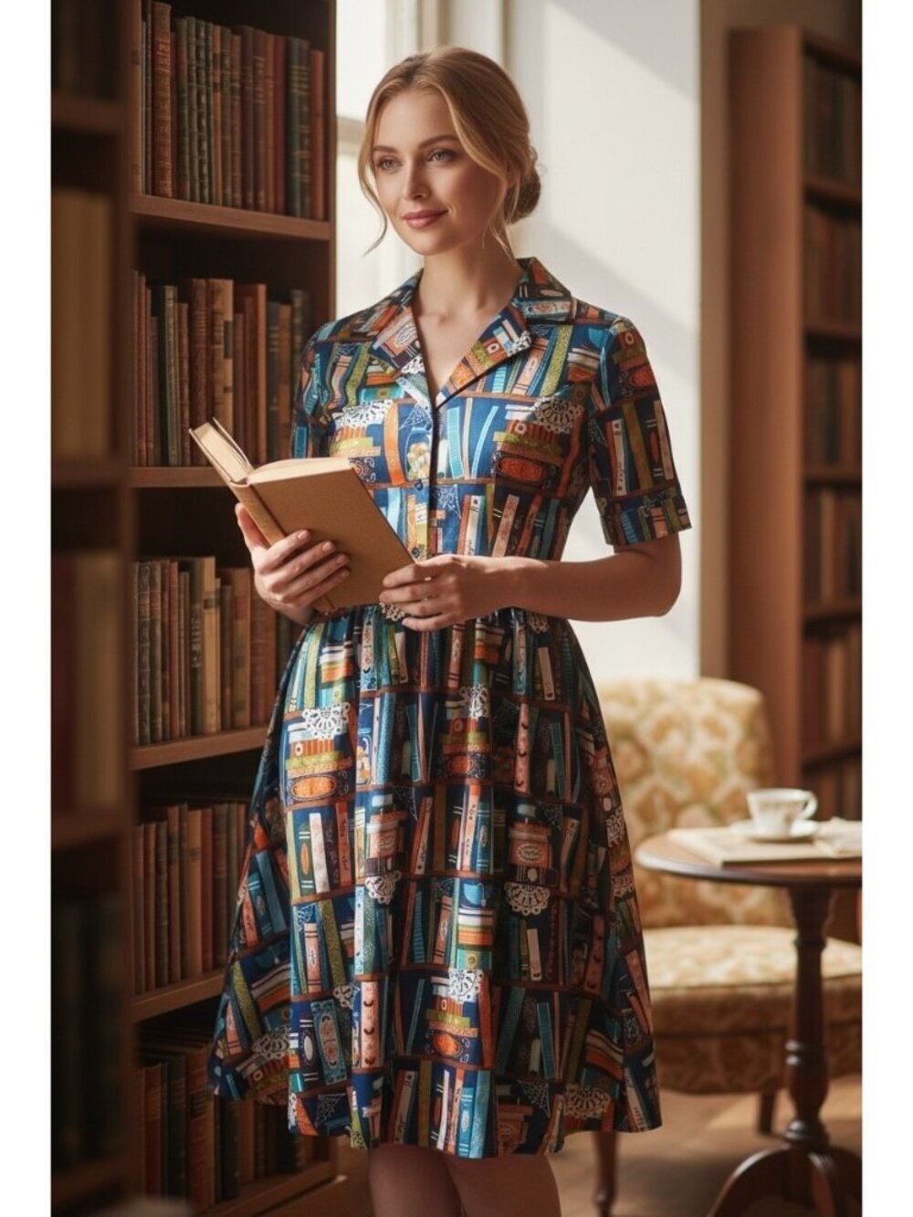 Lindy Bop Bookshelf Print Fit & Flare Shirt Dress Retro Literary Size 4 Books